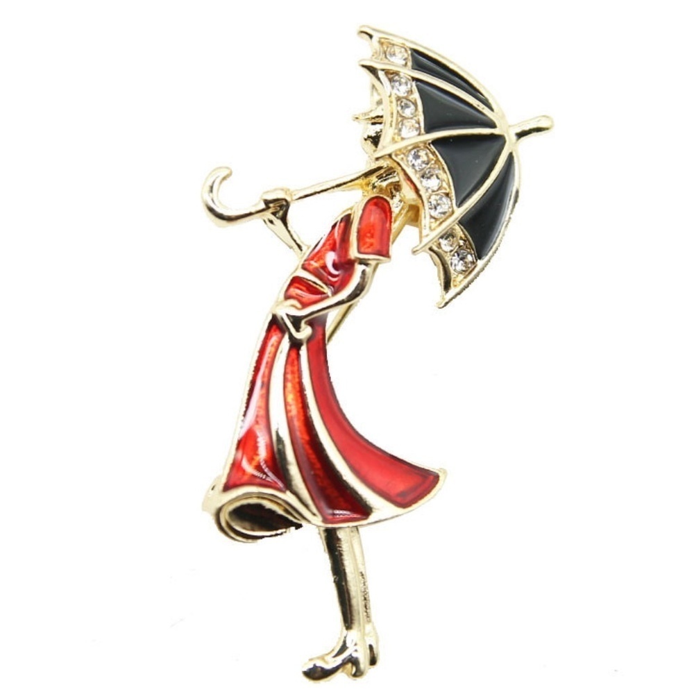 *SARA* Red Umbrella Girl Design Fashion Brooch Pin